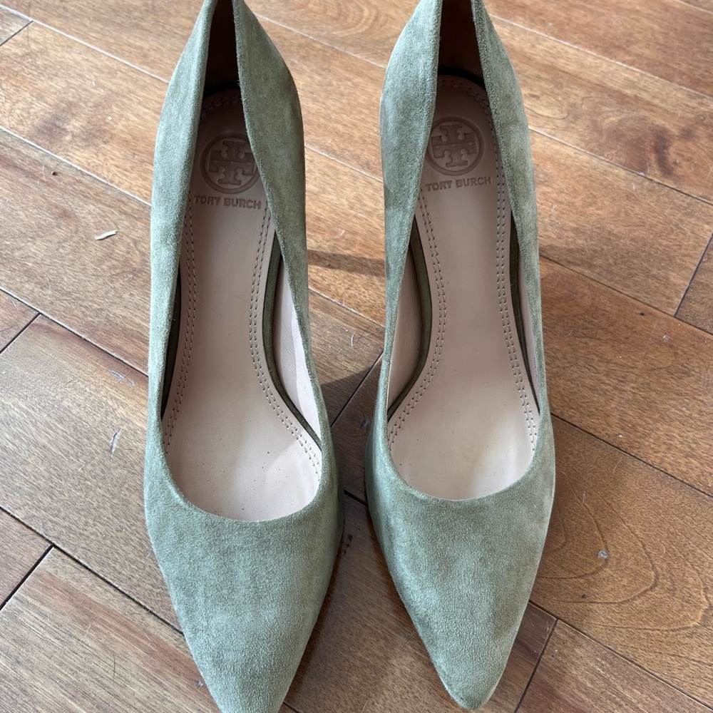Tory Burch Olive Green Suede Pointed-Toe Pumps